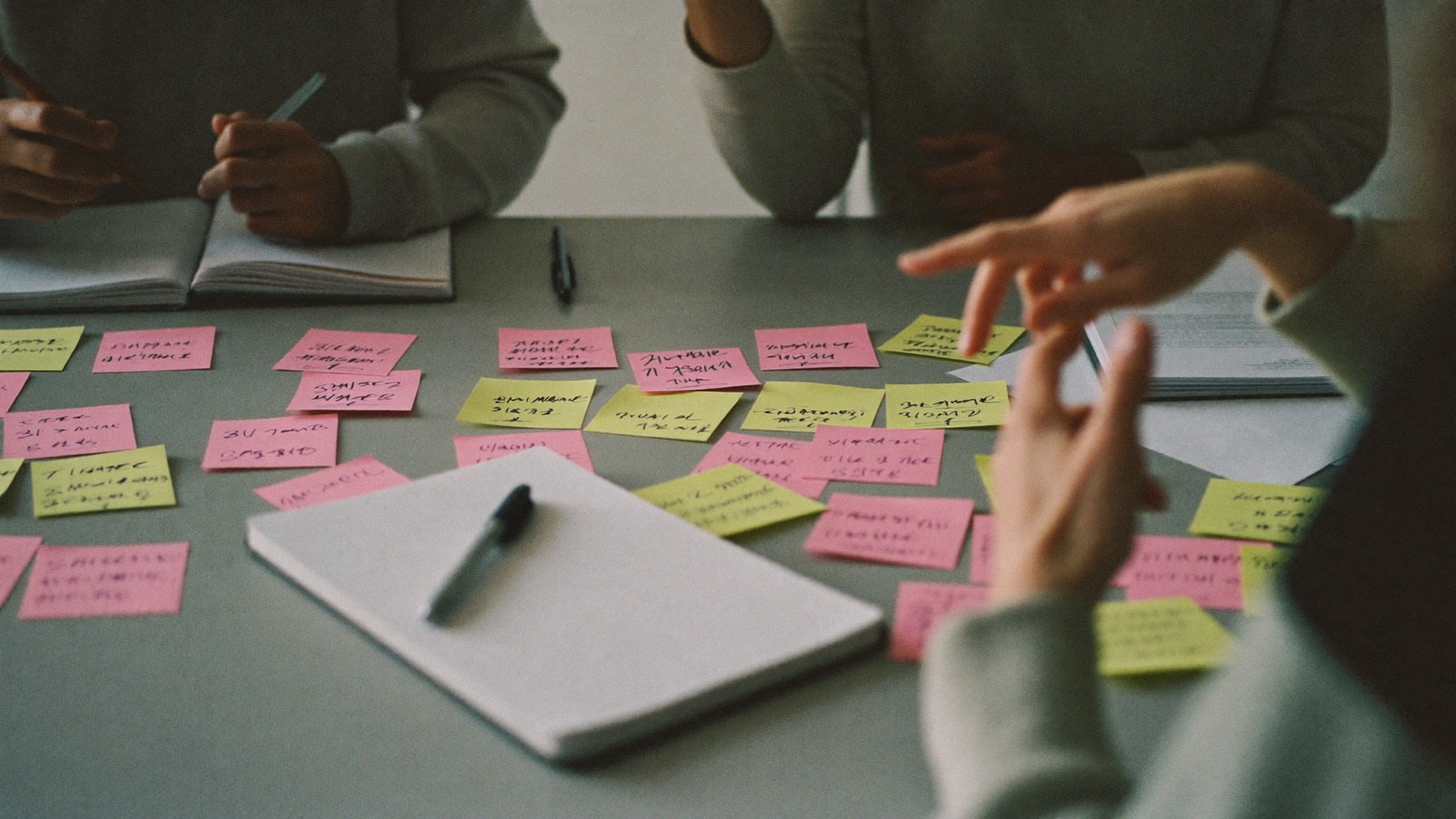 A small team around a table covered in sticky notes, hands mid-gesture.