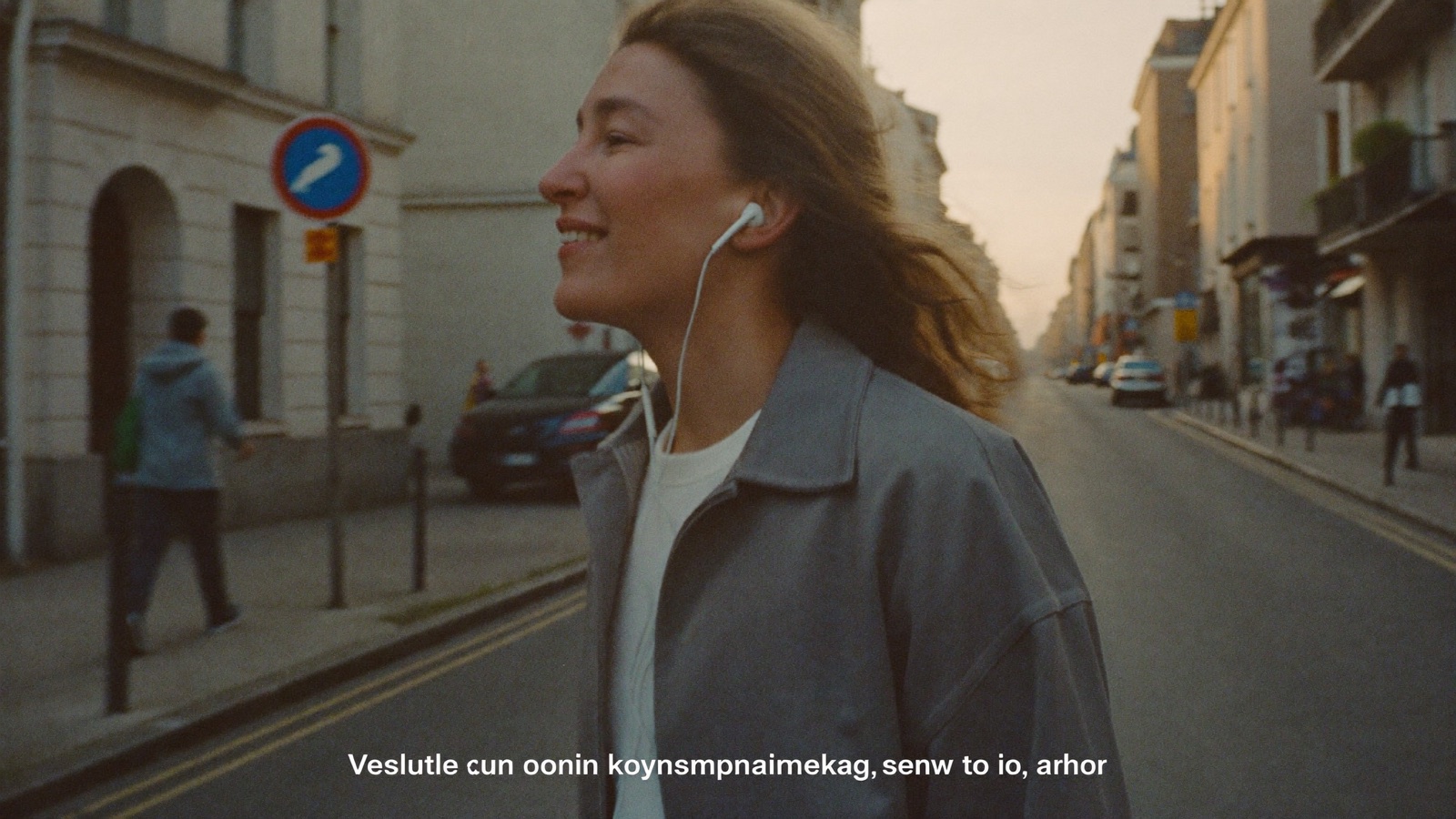 Somebody walking along a quiet street at golden hour, talking through earbuds.