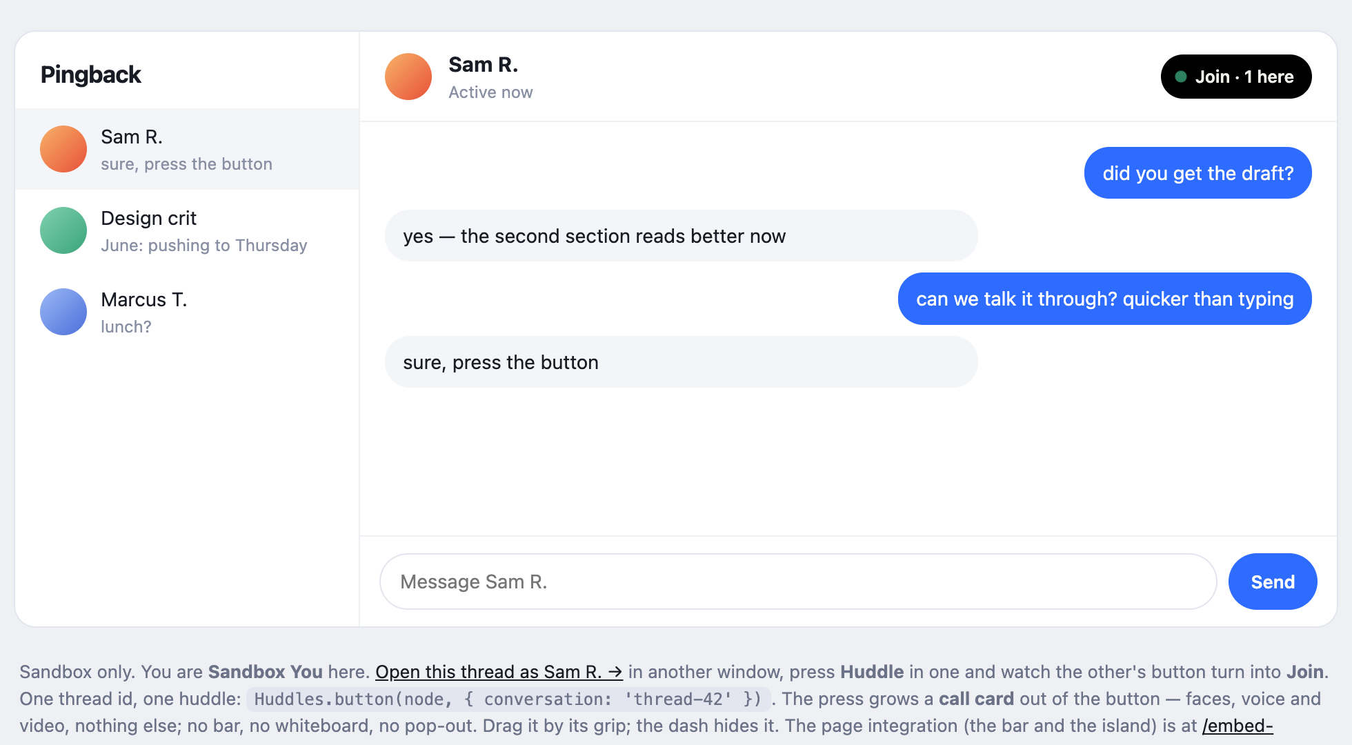 The same thread, the button now reading Join · 1 here with a pulsing green dot