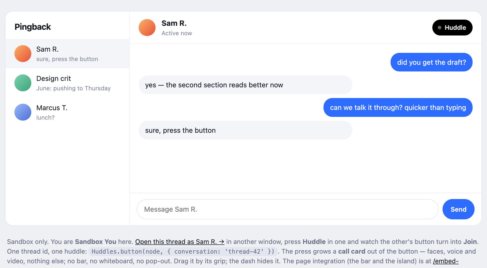 A messenger thread with a black Huddle button in its header
