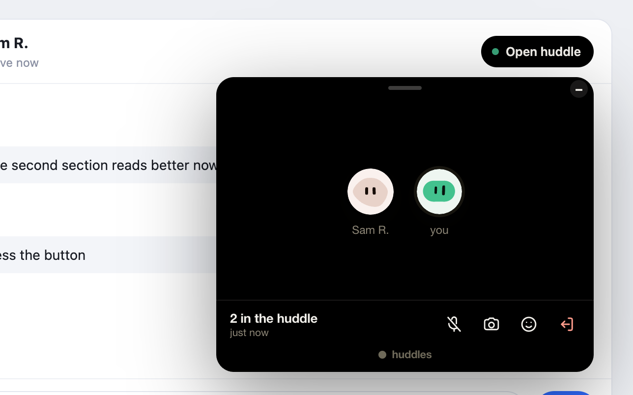 A call card grown out of a messenger’s Huddle button, two faces in it, with mute, camera, react and leave