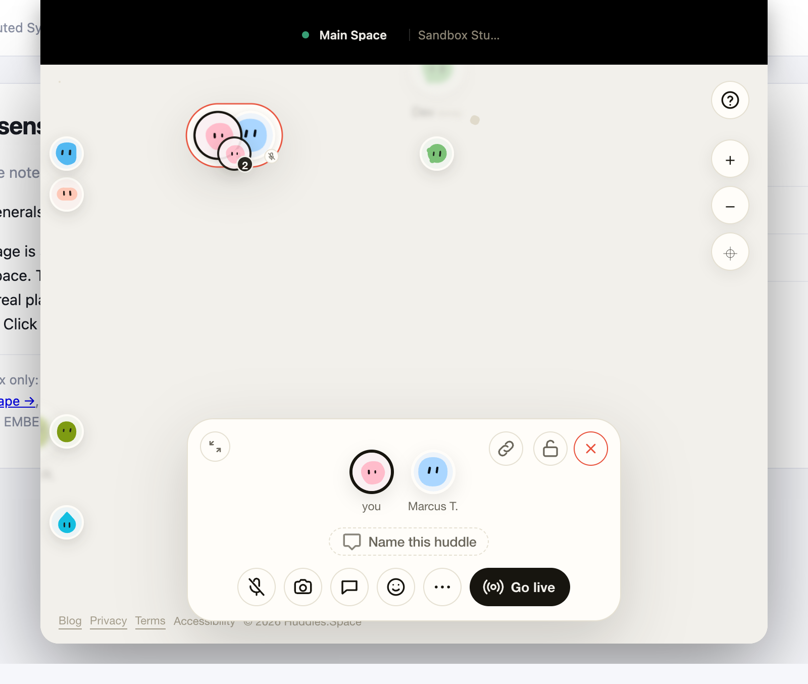 The panel: the whole Huddles product inside the frame on the course page